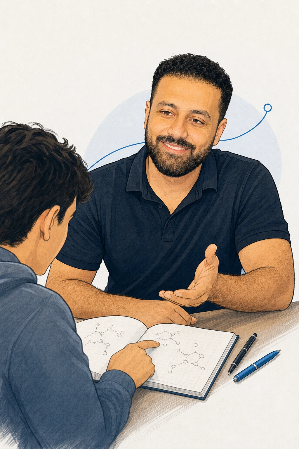 رسم قصصي لد. مصطفى حجازي يستمع لطالب ويساعده على فهم مسألة كيمياء